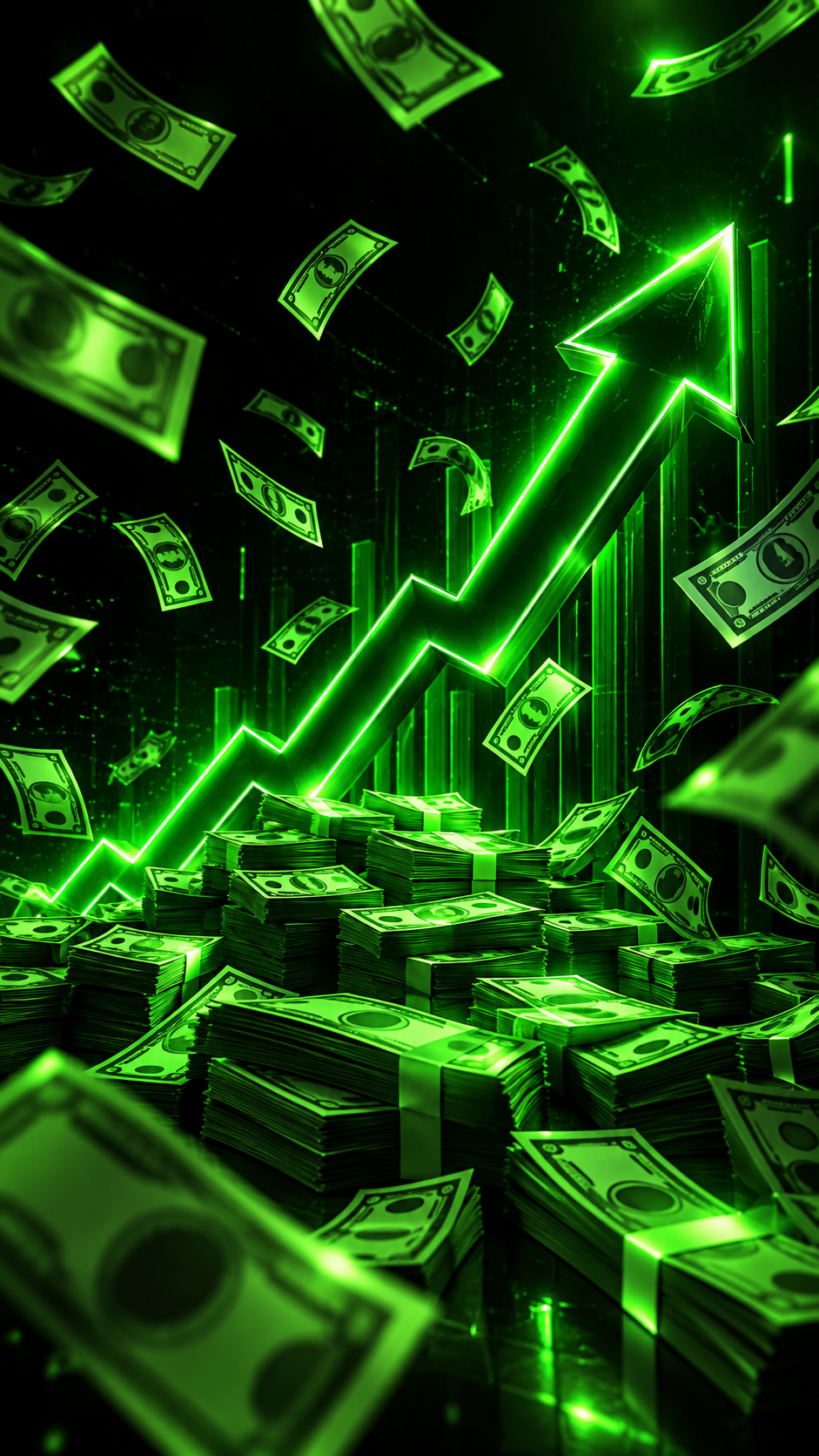 Notas de dinheiro e uma seta verde ascendente